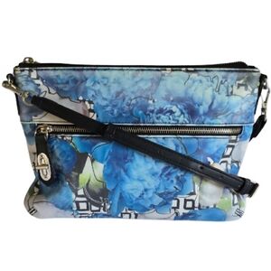 REED Krakoff Crossbody Faux Leather Blue Floral Shoulder Purse, Clutch